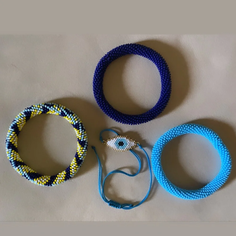 Blue Seed Glass Beaded Bangle Bracelets Set with Evil Eye Miyuki String Bracelet - Picture 2 of 2